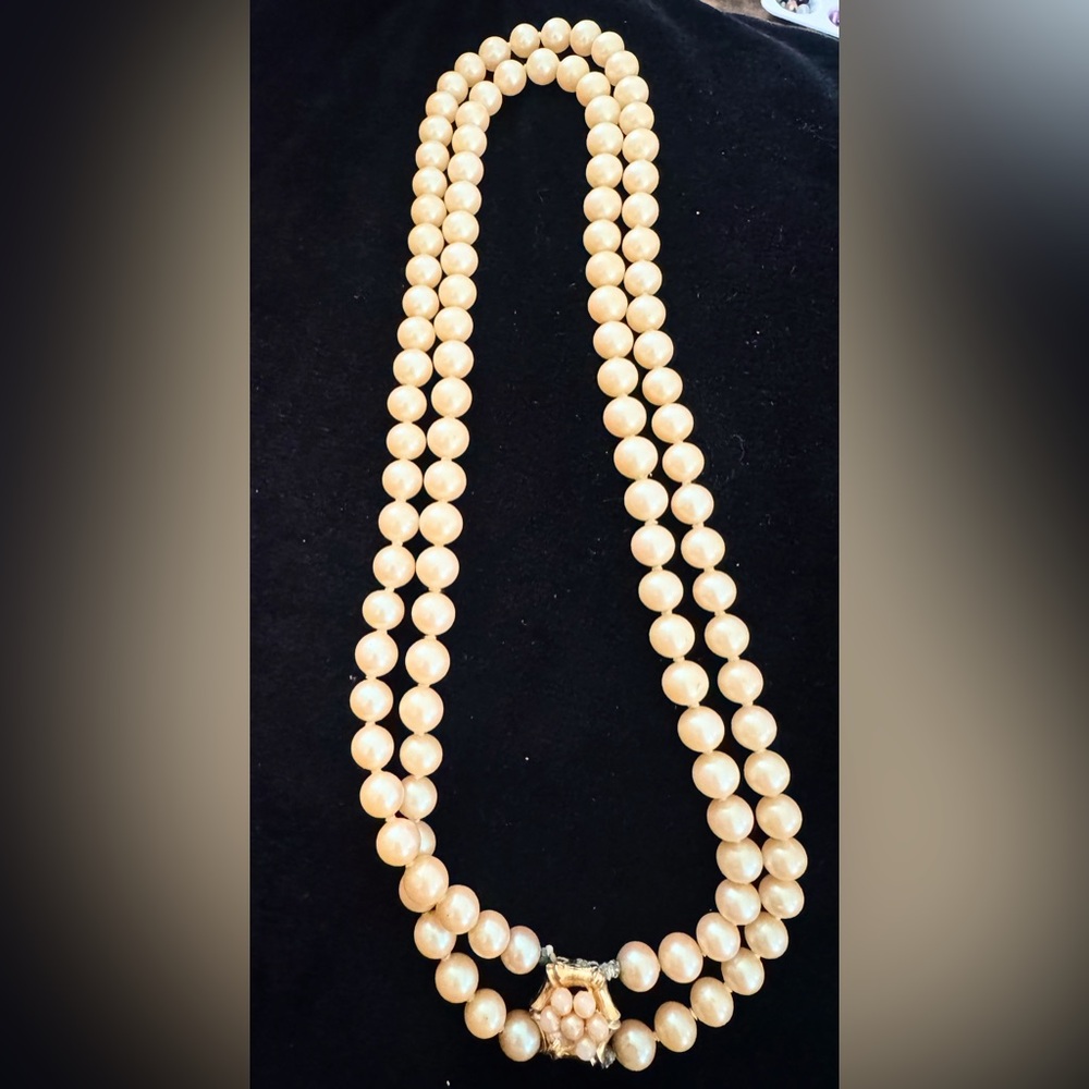 Vintage Double-Strand Faux Pearl Necklace with Ornate Clasp